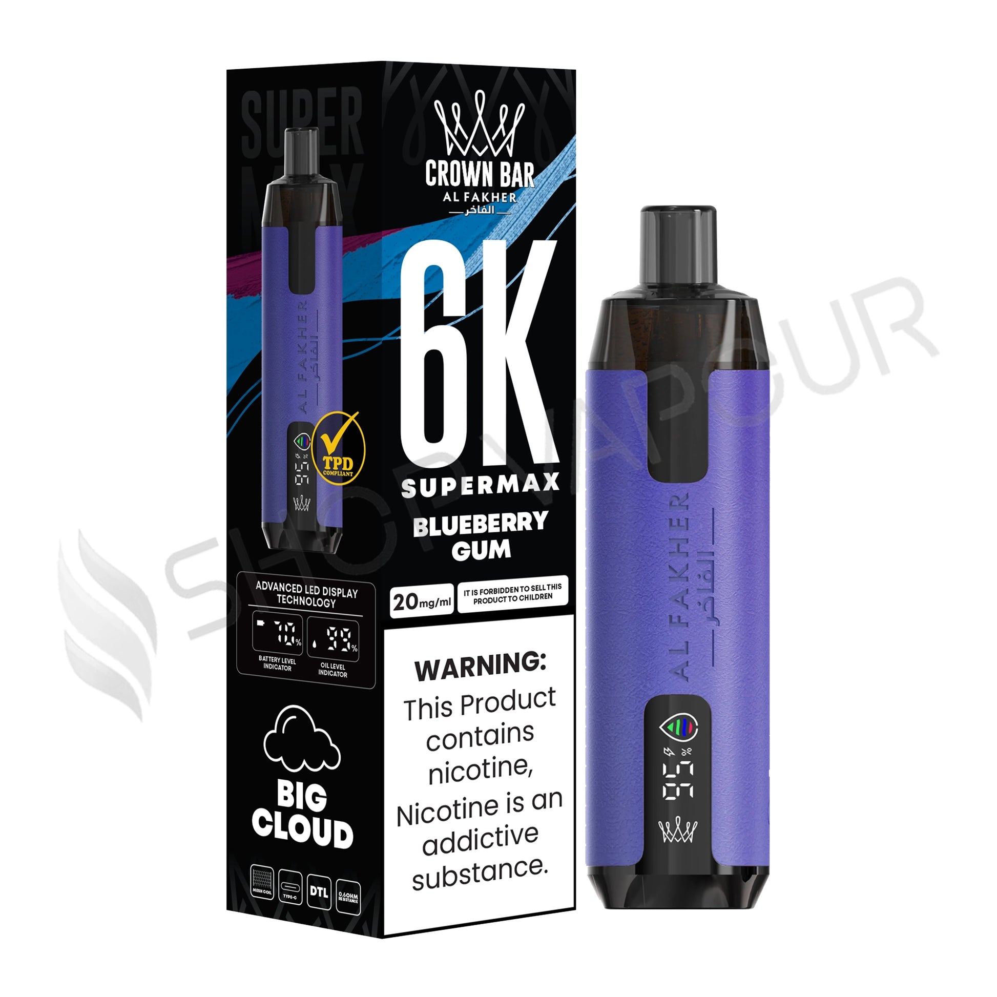 Al Fakher Crown Bar 6K Supermax Disposable Vape Kit Blueberry Gum