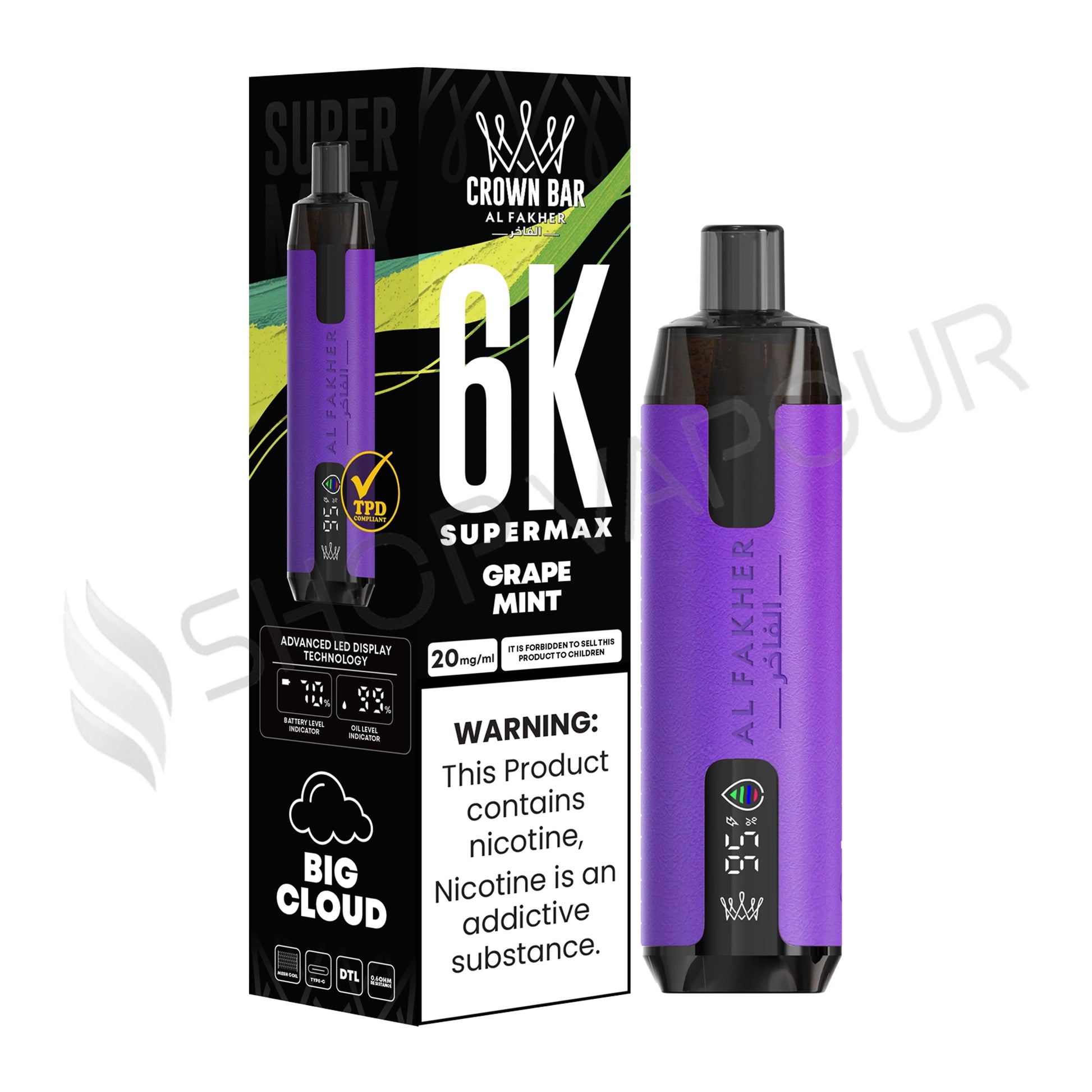 Al Fakher Crown Bar 6K Supermax Disposable Vape Kit Grape Mint