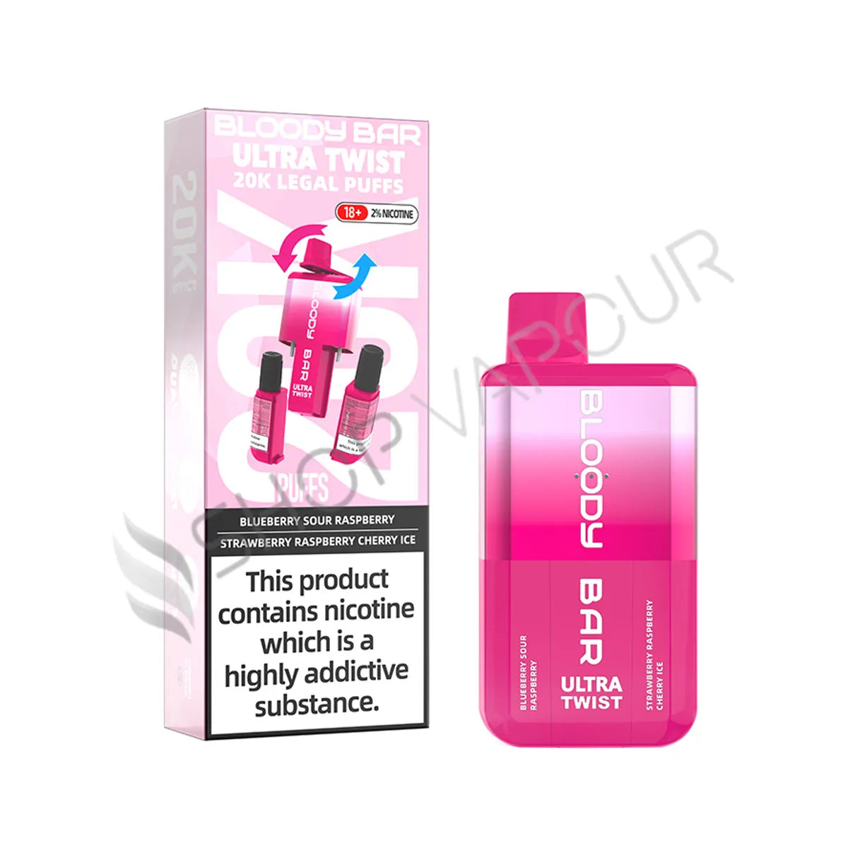 Bloody Bar Ultra Twist 20K Disposable Vape Kit - Blueberry Sour Raspberry & Strawberry Raspberry Cherry Ice