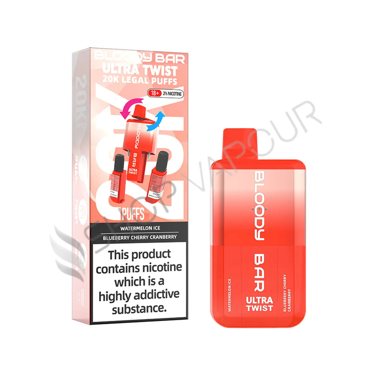 Bloody Bar Ultra Twist 20K Disposable Vape Kit - Watermelon Ice & Blueberry Cherry Cranberry