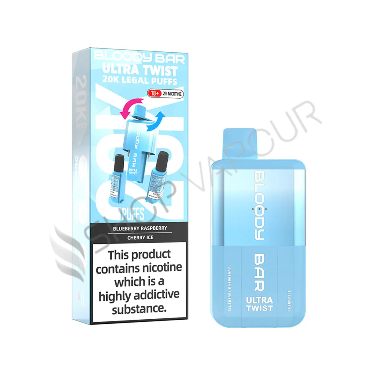 Bloody Bar Ultra Twist 20K Prefilled Pod Kit - Blueberry Raspberry and Cherry Ice