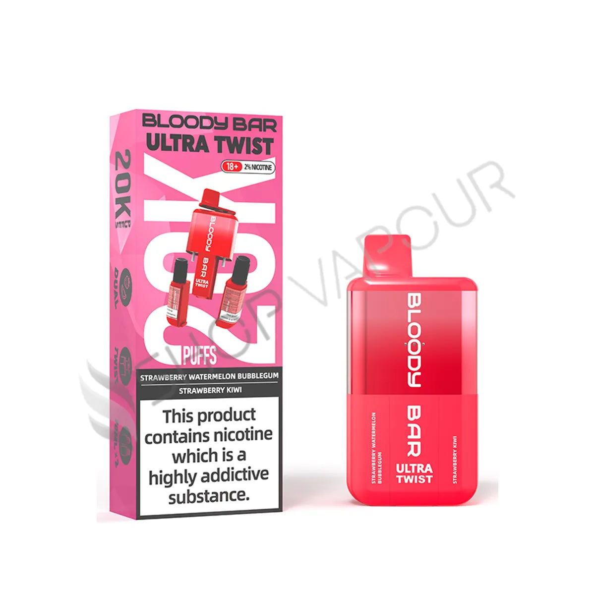 Bloody Bar Ultra Twist 20K Prefilled Pod Kit - Strawberry Watermelon Bubblegum and Strawberry Kiwi