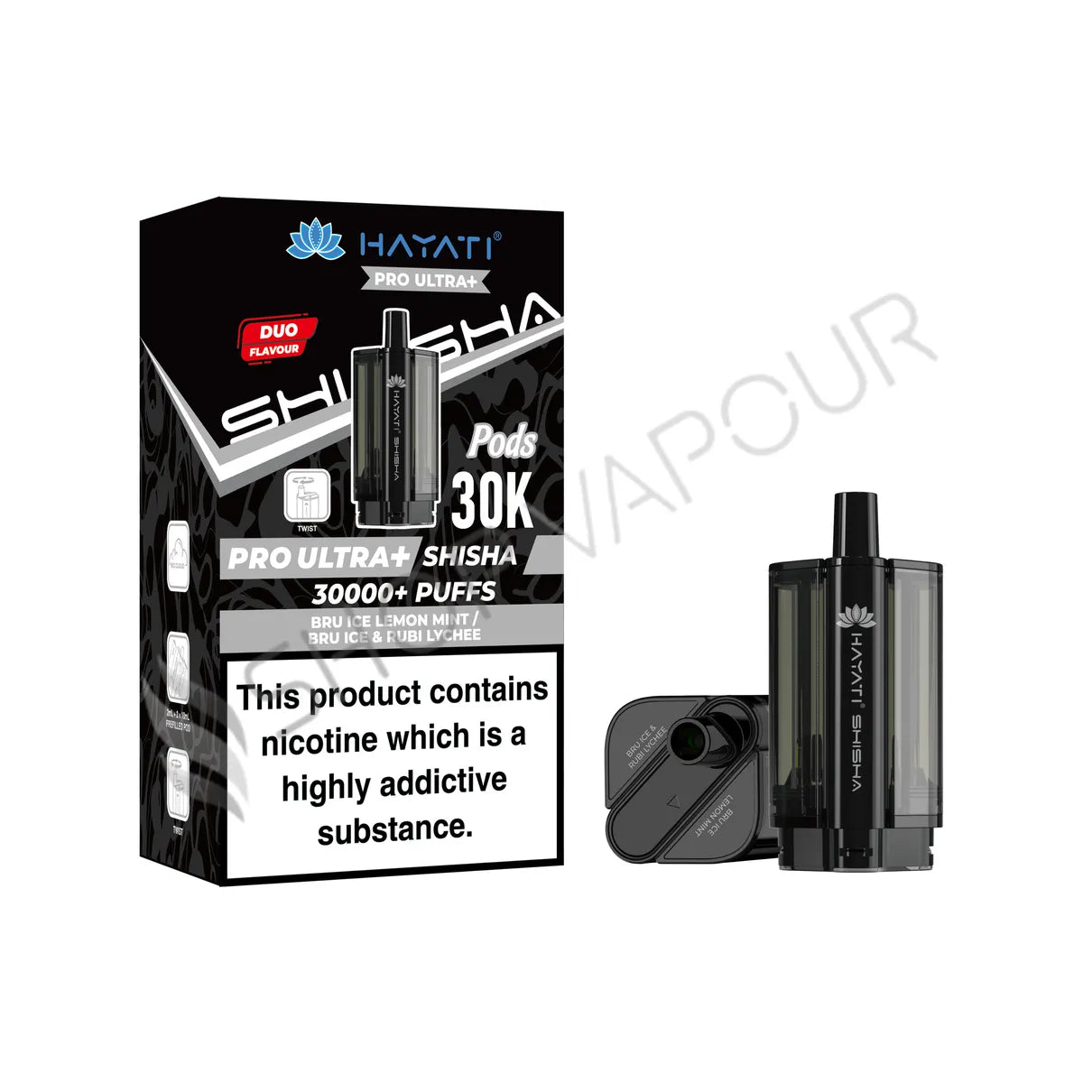 Bru Ice Lemon Mint / Bru Ice & Rubi Lychee Pro Ultra Plus Shisha 30K Prefilled Pod & Refill by Hayati
