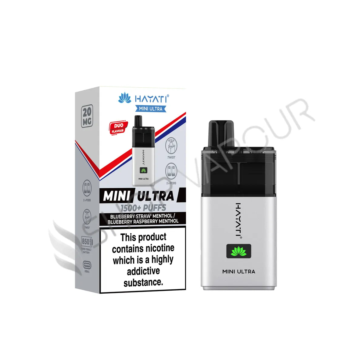 Hayati Mini Ultra 1500 Prefilled Pod Kit - Blueberry Straw Menthol & \blueberry Raspberry Menthol